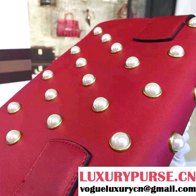 Gucci Pearl Studs And Metal Bee Broadway Leather Chain Clutch Bag 453778 Red 2017