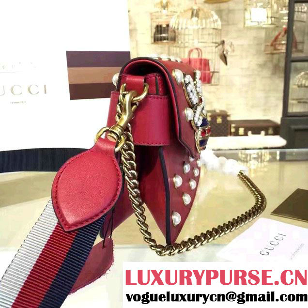 Gucci Pearl Studs And Metal Bee Broadway Leather Chain Clutch Bag 453778 Red 2017