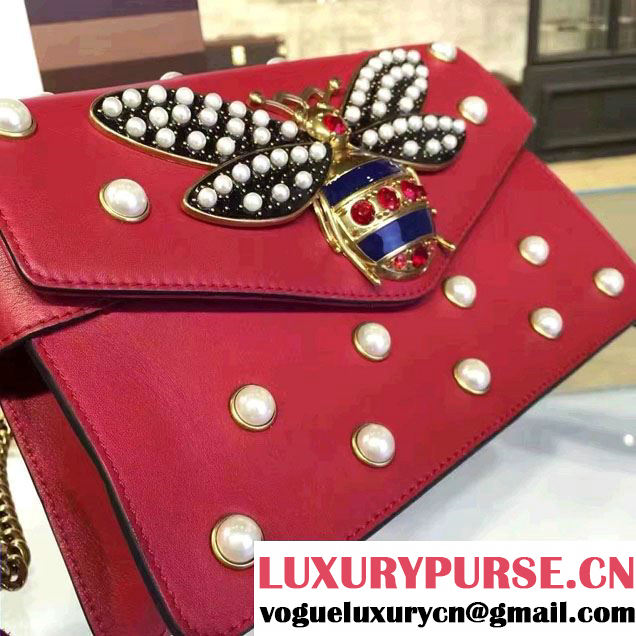 Gucci Pearl Studs And Metal Bee Broadway Leather Chain Clutch Bag 453778 Red 2017