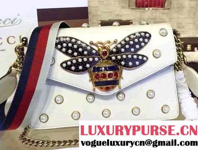 Gucci Pearl Studs And Metal Bee Broadway Leather Chain Clutch Bag 453778 White 2017