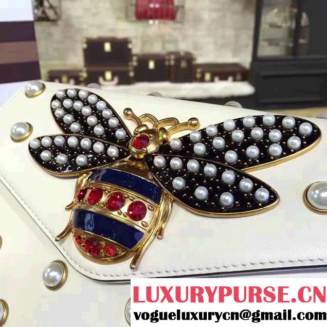 Gucci Pearl Studs And Metal Bee Broadway Leather Chain Clutch Bag 453778 White 2017
