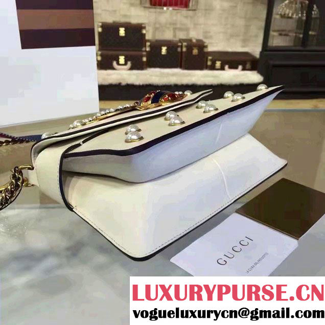 Gucci Pearl Studs And Metal Bee Broadway Leather Chain Clutch Bag 453778 White 2017