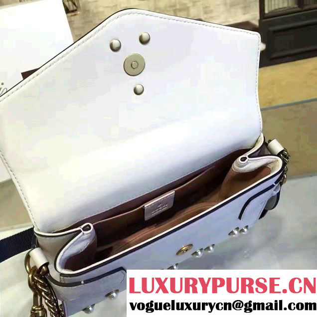 Gucci Pearl Studs And Metal Bee Broadway Leather Chain Clutch Bag 453778 White 2017