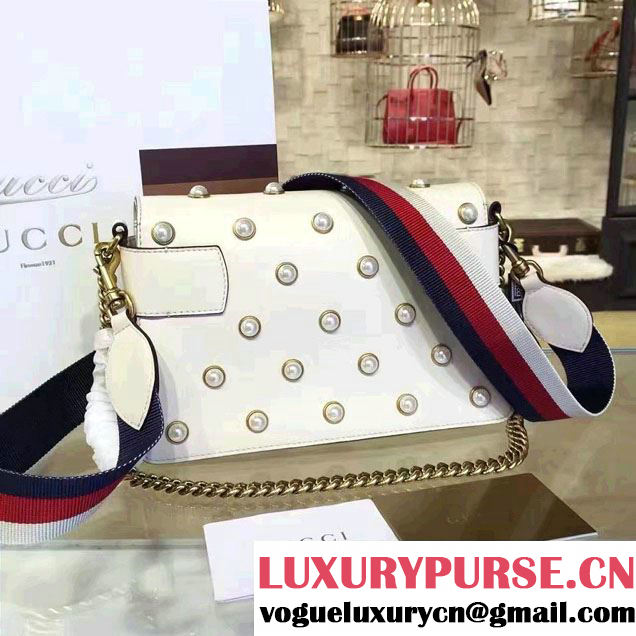 Gucci Pearl Studs And Metal Bee Broadway Leather Chain Clutch Bag 453778 White 2017