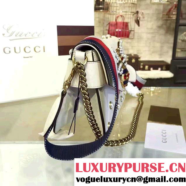 Gucci Pearl Studs And Metal Bee Broadway Leather Chain Clutch Bag 453778 White 2017