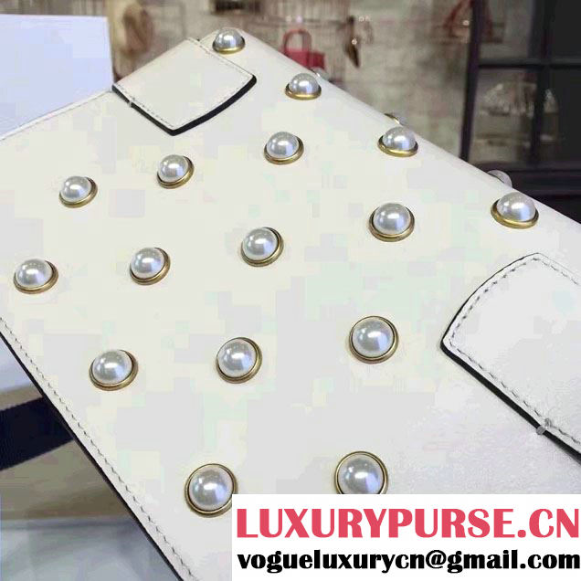 Gucci Pearl Studs And Metal Bee Broadway Leather Chain Clutch Bag 453778 White 2017