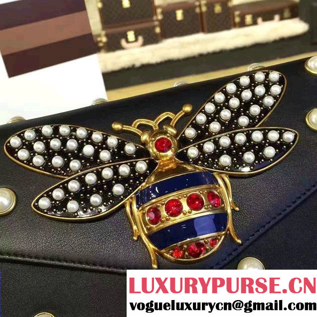 Gucci Pearl Studs And Metal Bee Broadway Leather Chain Clutch Bag 453778 Black 2017