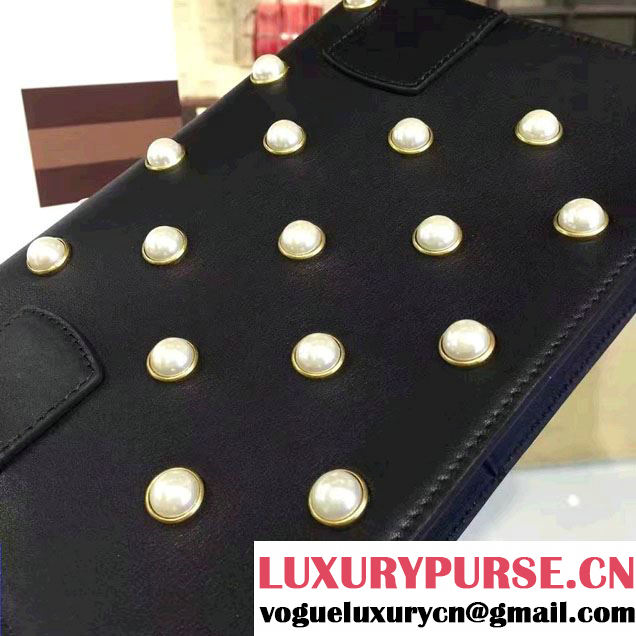 Gucci Pearl Studs And Metal Bee Broadway Leather Chain Clutch Bag 453778 Black 2017