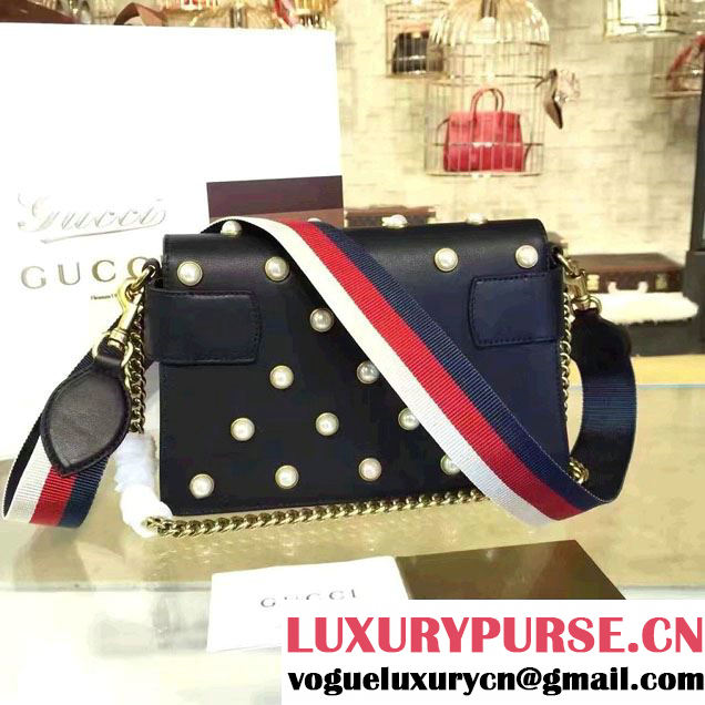 Gucci Pearl Studs And Metal Bee Broadway Leather Chain Clutch Bag 453778 Black 2017