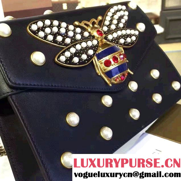 Gucci Pearl Studs And Metal Bee Broadway Leather Chain Clutch Bag 453778 Black 2017
