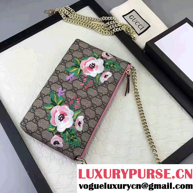 Gucci Embroidered Flowers Exclusive GG Supreme Wrist Chain Wallet Bag 456866 Pink 2017