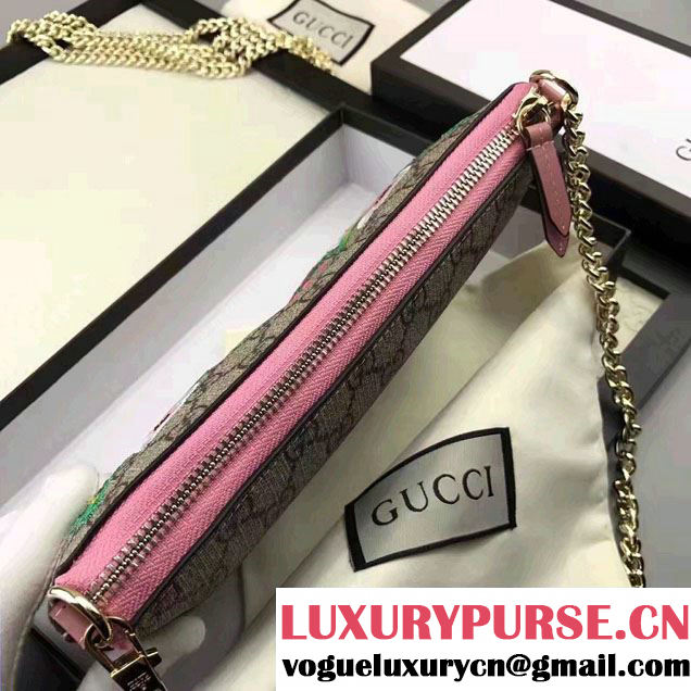 Gucci Embroidered Flowers Exclusive GG Supreme Wrist Chain Wallet Bag 456866 Pink 2017