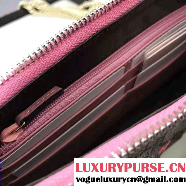 Gucci Embroidered Flowers Exclusive GG Supreme Wrist Chain Wallet Bag 456866 Pink 2017