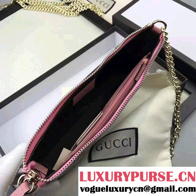 Gucci Embroidered Flowers Exclusive GG Supreme Wrist Chain Wallet Bag 456866 Pink 2017