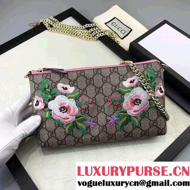 Gucci Embroidered Flowers Exclusive GG Supreme Wrist Chain Wallet Bag 456866 Pink 2017