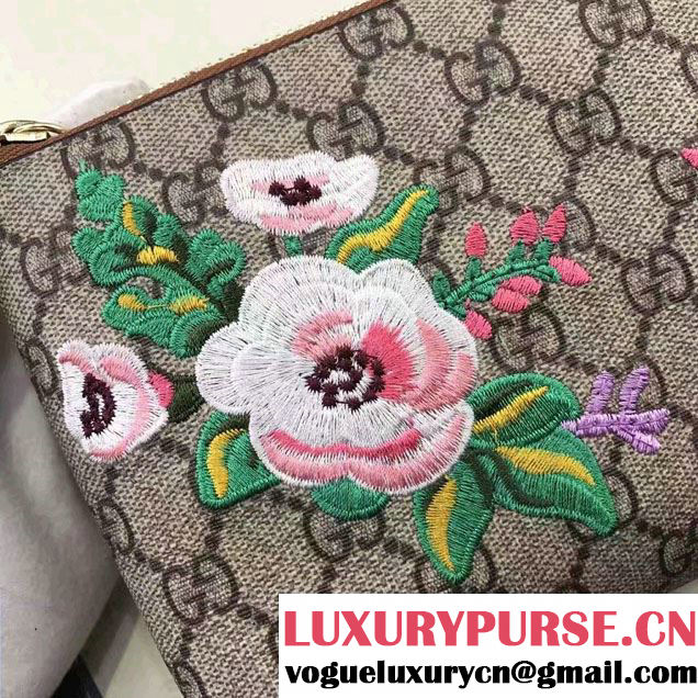 Gucci Embroidered Flowers Exclusive GG Supreme Wrist Chain Wallet Bag 456866 Brown 2017