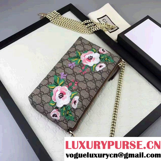 Gucci Embroidered Flowers Exclusive GG Supreme Wrist Chain Wallet Bag 456866 Brown 2017