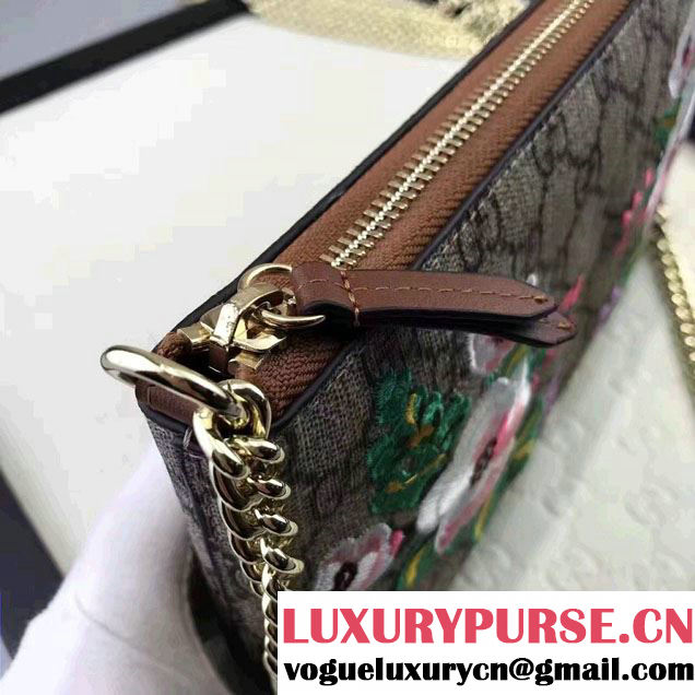 Gucci Embroidered Flowers Exclusive GG Supreme Wrist Chain Wallet Bag 456866 Brown 2017