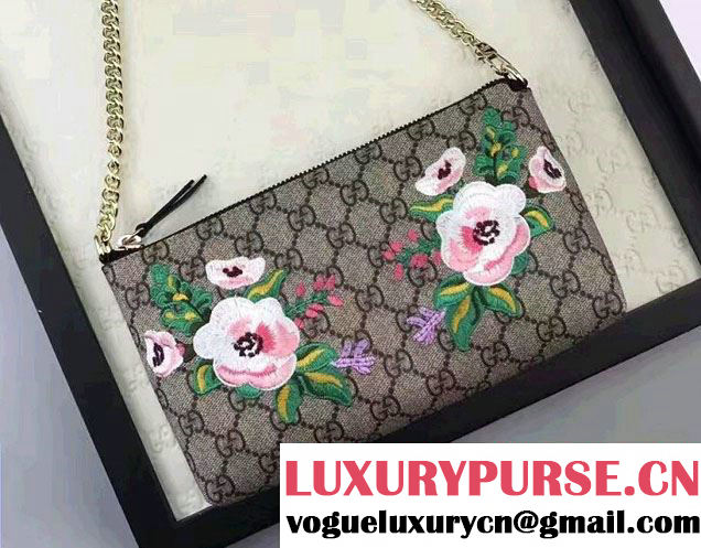 Gucci Embroidered Flowers Exclusive GG Supreme Wrist Chain Wallet Bag 456866 Black 2017