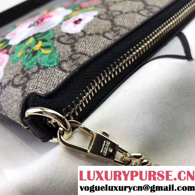 Gucci Embroidered Flowers Exclusive GG Supreme Wrist Chain Wallet Bag 456866 Black 2017