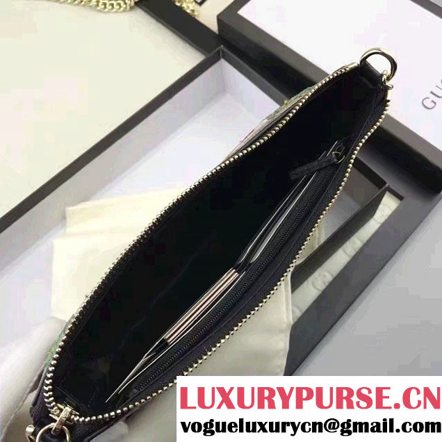 Gucci Embroidered Flowers Exclusive GG Supreme Wrist Chain Wallet Bag 456866 Black 2017
