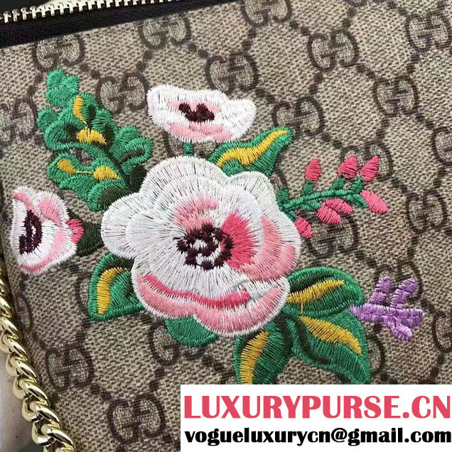 Gucci Embroidered Flowers Exclusive GG Supreme Wrist Chain Wallet Bag 456866 Black 2017