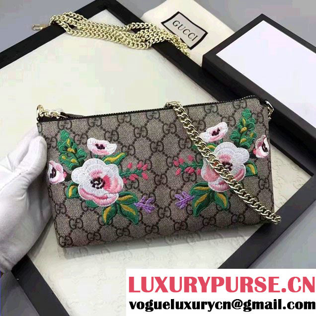 Gucci Embroidered Flowers Exclusive GG Supreme Wrist Chain Wallet Bag 456866 Black 2017
