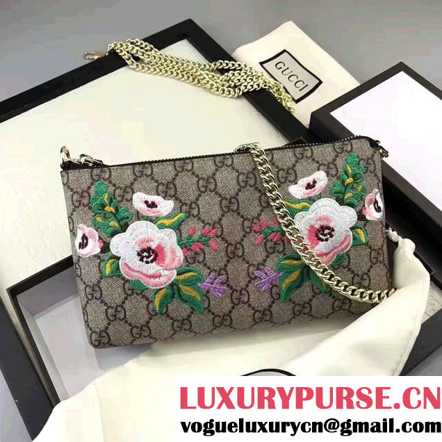 Gucci Embroidered Flowers Exclusive GG Supreme Wrist Chain Wallet Bag 456866 Black 2017