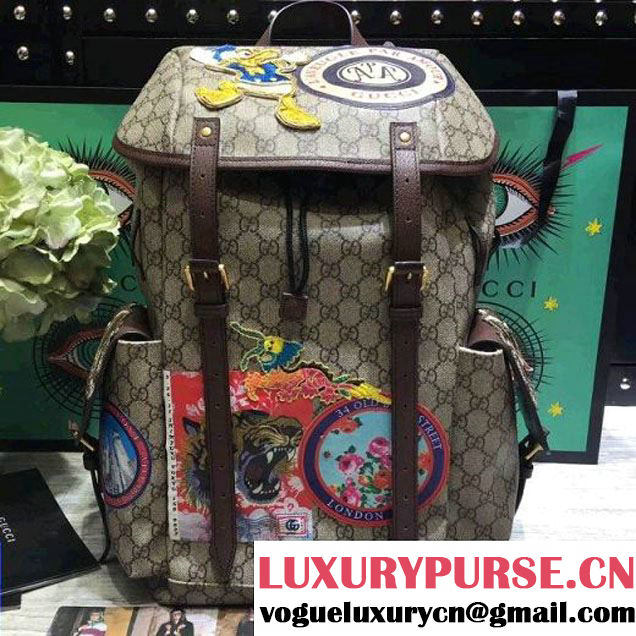 Gucci 460029 Soft GG Supreme Backpack with Donald Duck Appliqués 2017 (2A068-7091528 )