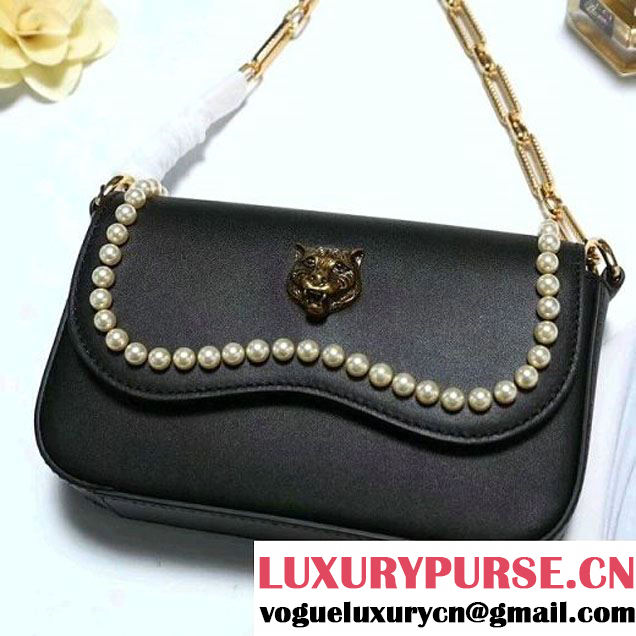 Gucci Leather Pearls Chain Shoulder Bag Black 2017 (2A010-7100832 )