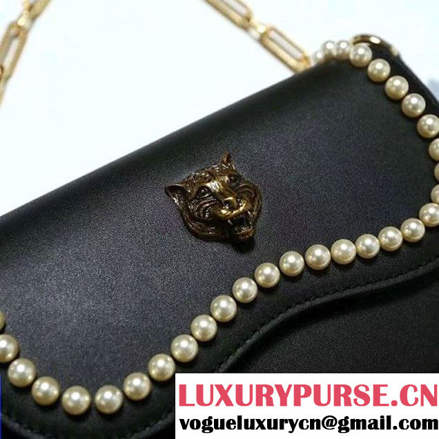 Gucci Leather Pearls Chain Shoulder Bag Black 2017 (2A010-7100832 )