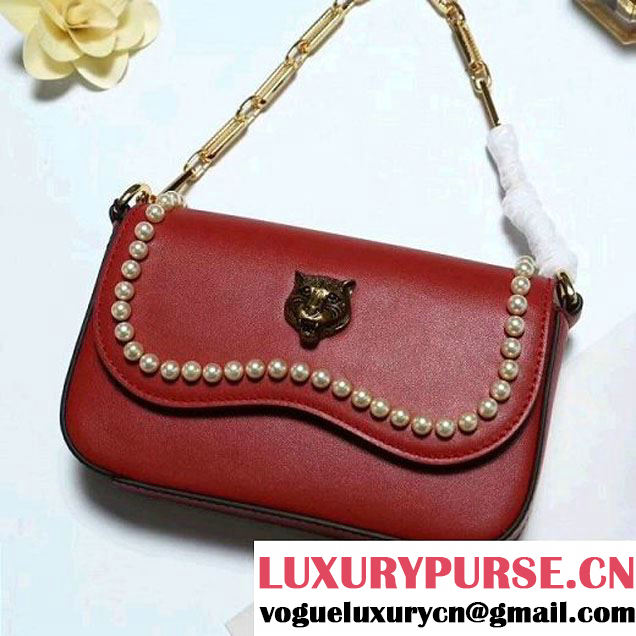 Gucci Leather Pearls Chain Shoulder Bag Red 2017 (2A010-710083031 )
