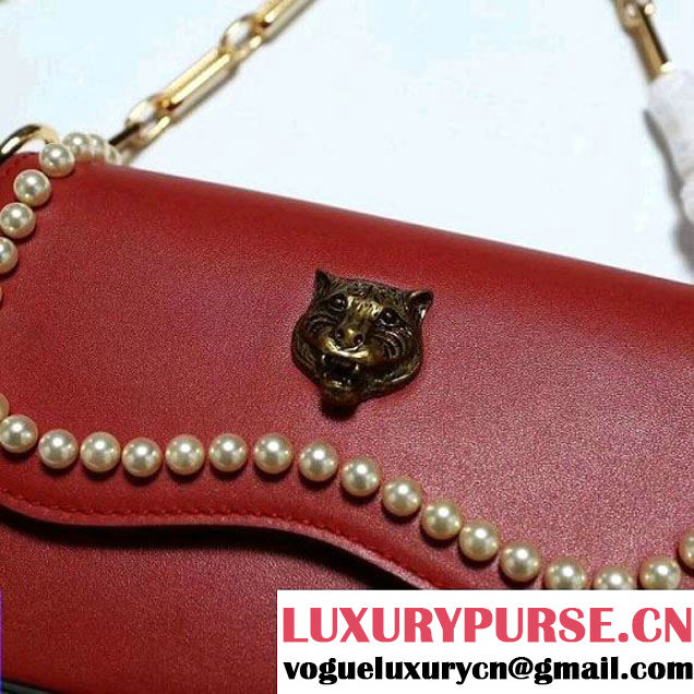 Gucci Leather Pearls Chain Shoulder Bag Red 2017 (2A010-710083031 )