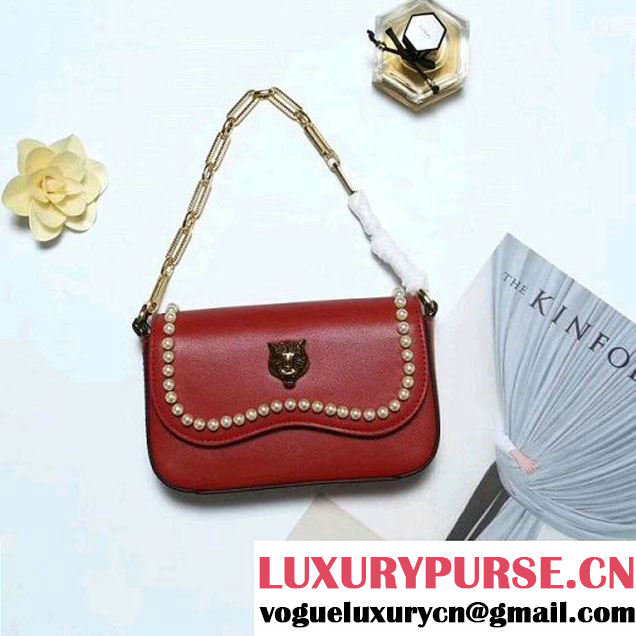Gucci Leather Pearls Chain Shoulder Bag Red 2017 (2A010-710083031 )