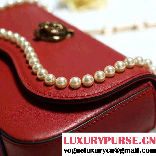 Gucci Leather Pearls Chain Shoulder Bag Red 2017 (2A010-710083031 )