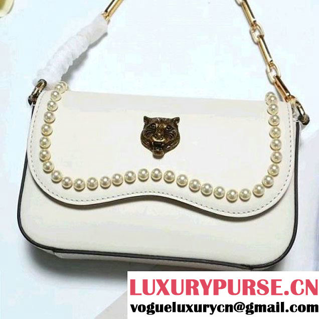 Gucci Leather Pearls Chain Shoulder Bag White 2017 (2A010-7100830 )