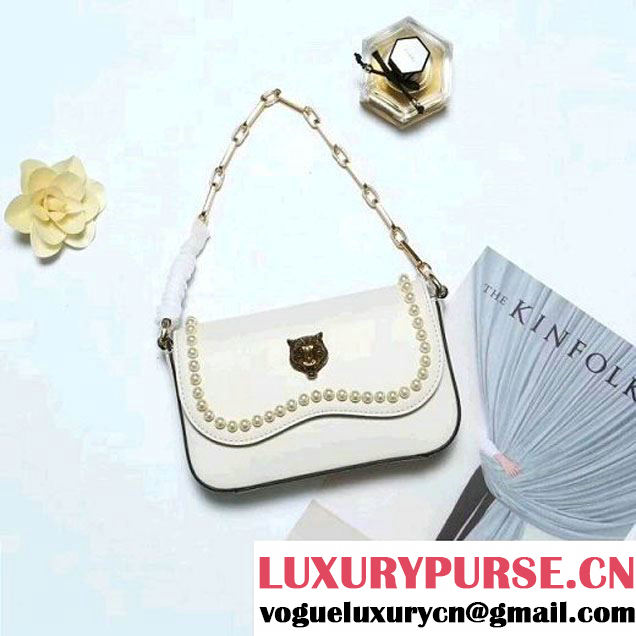 Gucci Leather Pearls Chain Shoulder Bag White 2017 (2A010-7100830 )