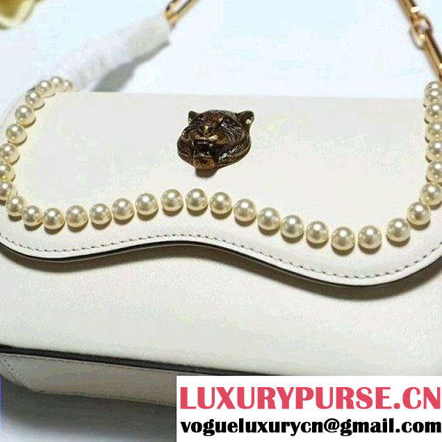 Gucci Leather Pearls Chain Shoulder Bag White 2017 (2A010-7100830 )