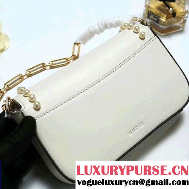 Gucci Leather Pearls Chain Shoulder Bag White 2017 (2A010-7100830 )