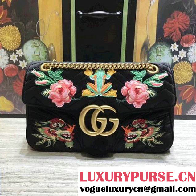 Gucci GG Marmont Embroidered Velvet Medium Bag Black 2017 (2A068-7100813 )