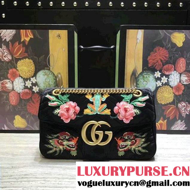 Gucci GG Marmont Embroidered Velvet Medium Bag Black 2017 (2A068-7100813 )