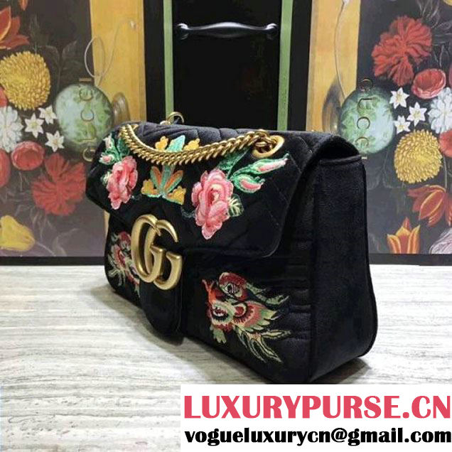 Gucci GG Marmont Embroidered Velvet Medium Bag Black 2017 (2A068-7100813 )