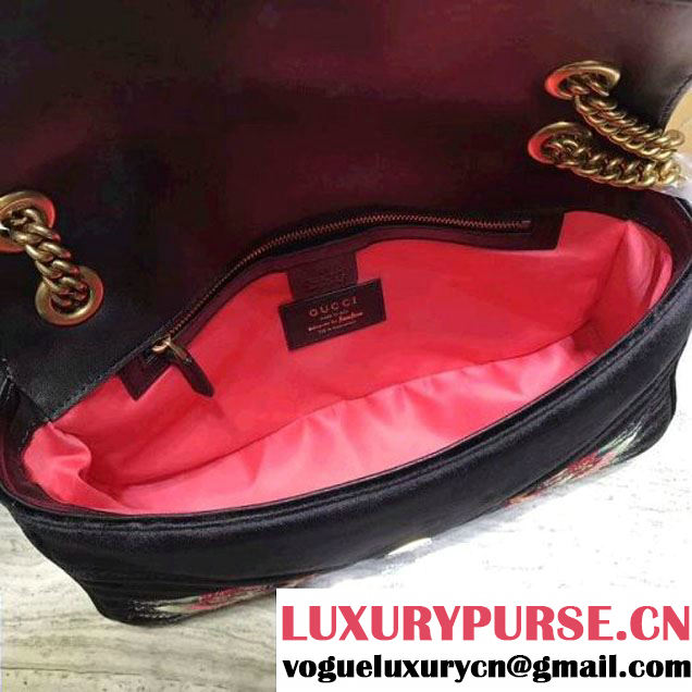 Gucci GG Marmont Embroidered Velvet Medium Bag Black 2017 (2A068-7100813 )