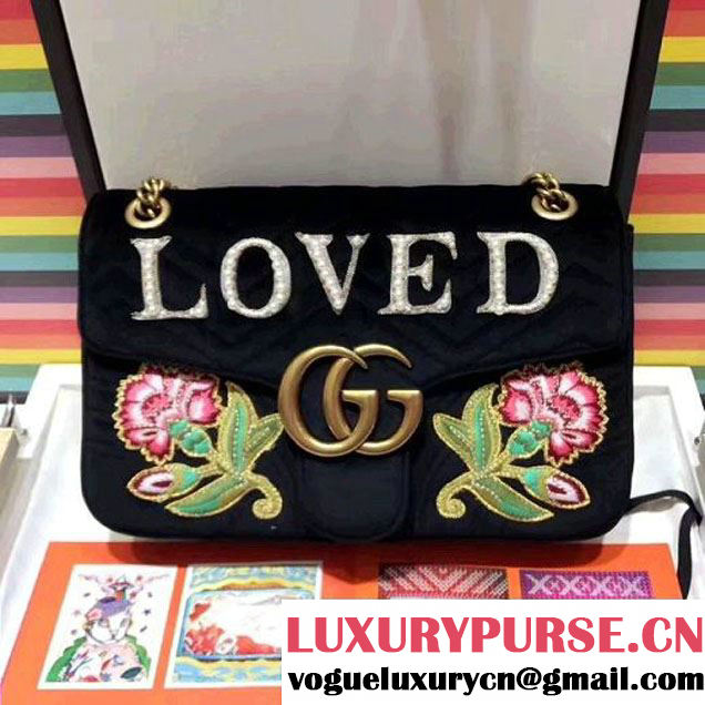 Gucci GG Marmont Embroidered Pearl "Loved" Applique Velvet Medium Bag 443496 Black 2017 (SPM-7092812 )