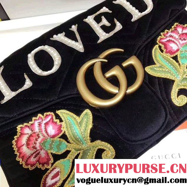 Gucci GG Marmont Embroidered Pearl "Loved" Applique Velvet Medium Bag 443496 Black 2017 (SPM-7092812 )
