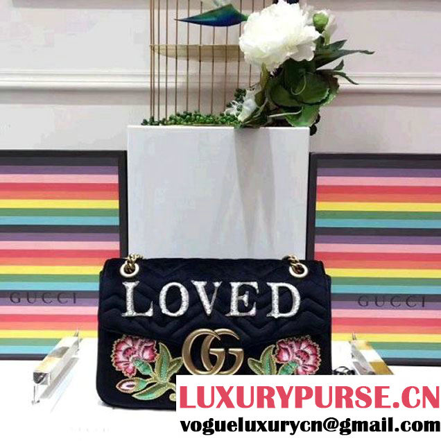 Gucci GG Marmont Embroidered Pearl "Loved" Applique Velvet Medium Bag 443496 Black 2017 (SPM-7092812 )