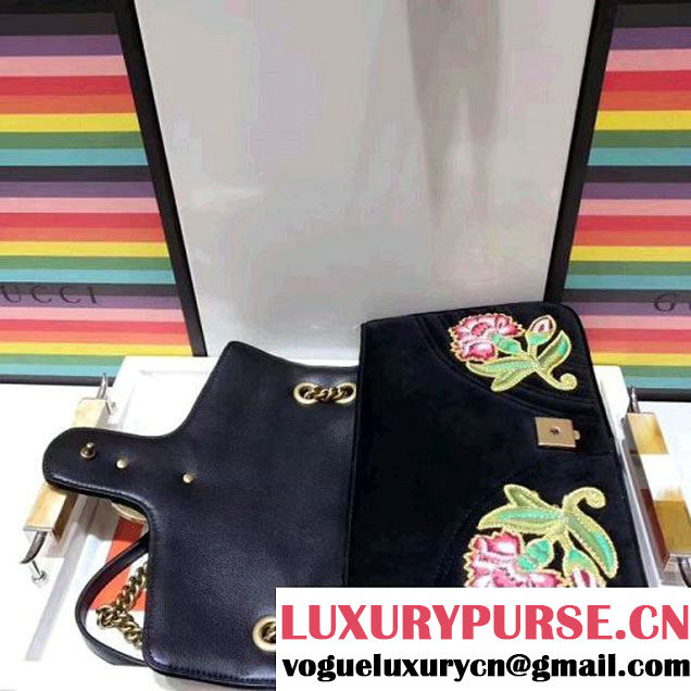 Gucci GG Marmont Embroidered Pearl "Loved" Applique Velvet Medium Bag 443496 Black 2017 (SPM-7092812 )