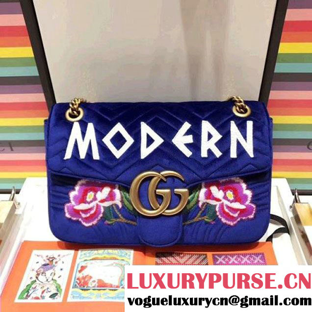 Gucci GG Marmont Embroidered "Modern" Applique Velvet Medium Bag 443496 Blue 2017 (SPM-7092811 )