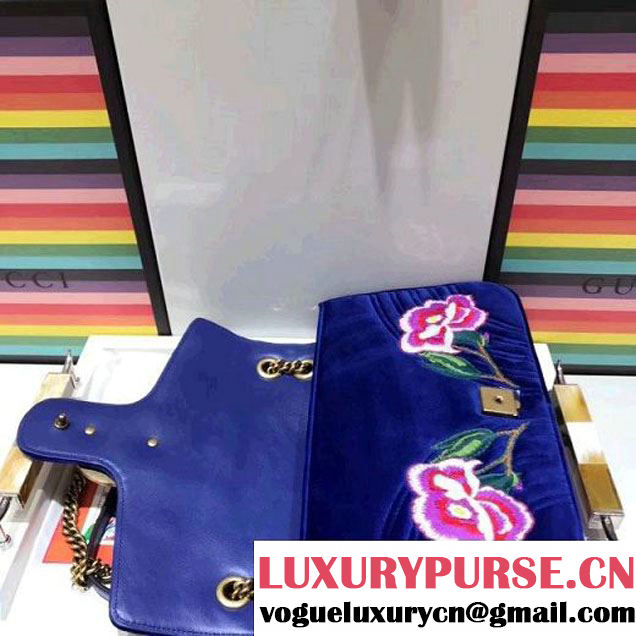 Gucci GG Marmont Embroidered "Modern" Applique Velvet Medium Bag 443496 Blue 2017 (SPM-7092811 )