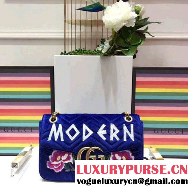 Gucci GG Marmont Embroidered "Modern" Applique Velvet Medium Bag 443496 Blue 2017 (SPM-7092811 )